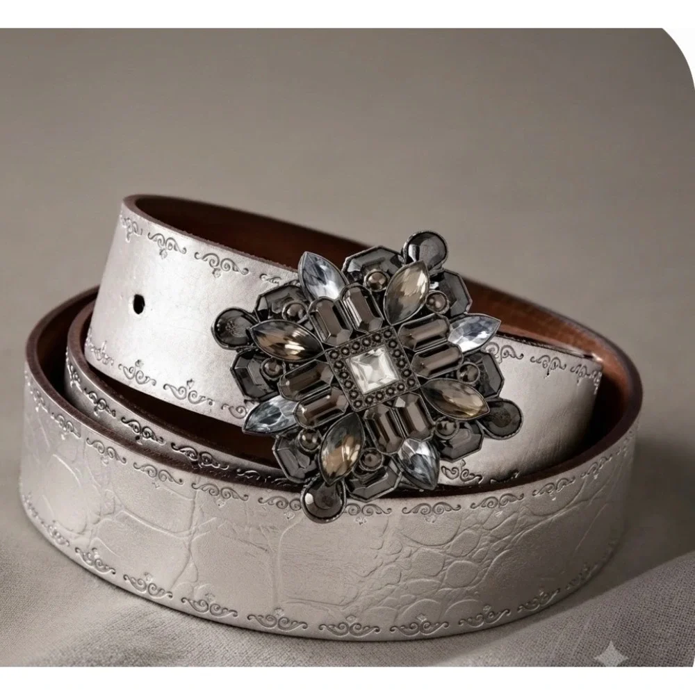 Silver Embossed Leather Belt with Oversized Jewel Buckle BT3309 040 Medium
